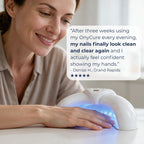 A woman smiling while using a white OnYCure UV nail lamp on a white desk, with a customer testimonial text bubble overlaid on the top right.