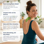 A woman in a teal athletic outfit shown from the back, wearing a green neck and shoulder pain relief patch. The left side features four white text boxes detailing the benefits of the patch, set against a softly blurred indoor background.