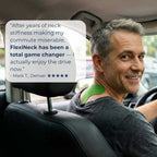 A man driving a car wearing a green FlexiNeck shoulder support pad, with a white customer review text box overlaid on the left side.