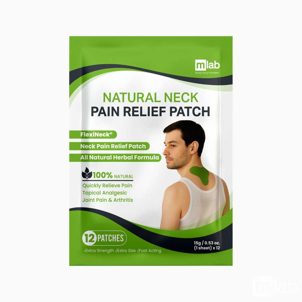 A package of mlab FlexiNeck Natural Neck Pain Relief Patches, featuring a green and white design with an illustration of a man showing a green patch on his neck.