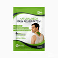 A package of mlab FlexiNeck Natural Neck Pain Relief Patches, featuring a green and white design with an illustration of a man showing a green patch on his neck.