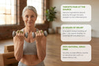 A smiling older woman holding dumbbells in a bright indoor setting, with three white text boxes on the right describing product benefits: targets pain at the source, 12 hours of relief, and 100% natural and drug-free.