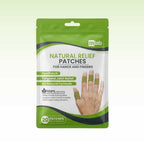 Package of natural relief patches for hands and fingers with green and white design.