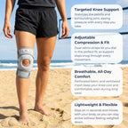 A person standing on a sandy beach wearing a gray knee compression and support brace. Four white text callouts on the right describe features: targeted knee support, adjustable compression & fit, breathable all-day comfort, and lightweight flexibility.