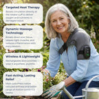 Woman using a shoulder device outdoors with product features highlighted