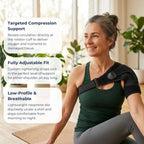 Woman wearing a shoulder brace with text highlighting features like targeted compression support, adjustable fit, and low-profile design.