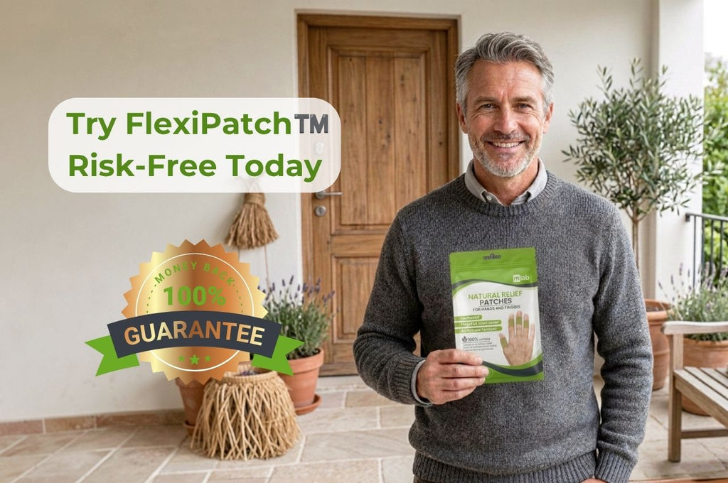 A smiling man in a gray sweater stands on a porch holding a package of FlexiPatch hand patches. Text overlays read 'Try FlexiPatch TM Risk-Free Today' and '100% GUARANTEE'.