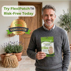 Man holding a package of FlexiPatch with promotional text and guarantee badge in a home setting.