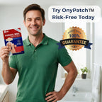 A smiling man in a green polo shirt holds a package of OnyPatch Fungal Nail Patches in a bright bathroom setting. Promotional text reads 'Try OnyPatch TM Risk-Free Today' and a gold '100% Guarantee' badge appears on the right.