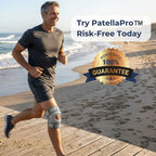 A man jogging on a wooden boardwalk by the beach wearing a PatellaPro knee support brace. Promotional text reads 'Try PatellaPro™ Risk-Free Today' with a '100% Guarantee' badge.